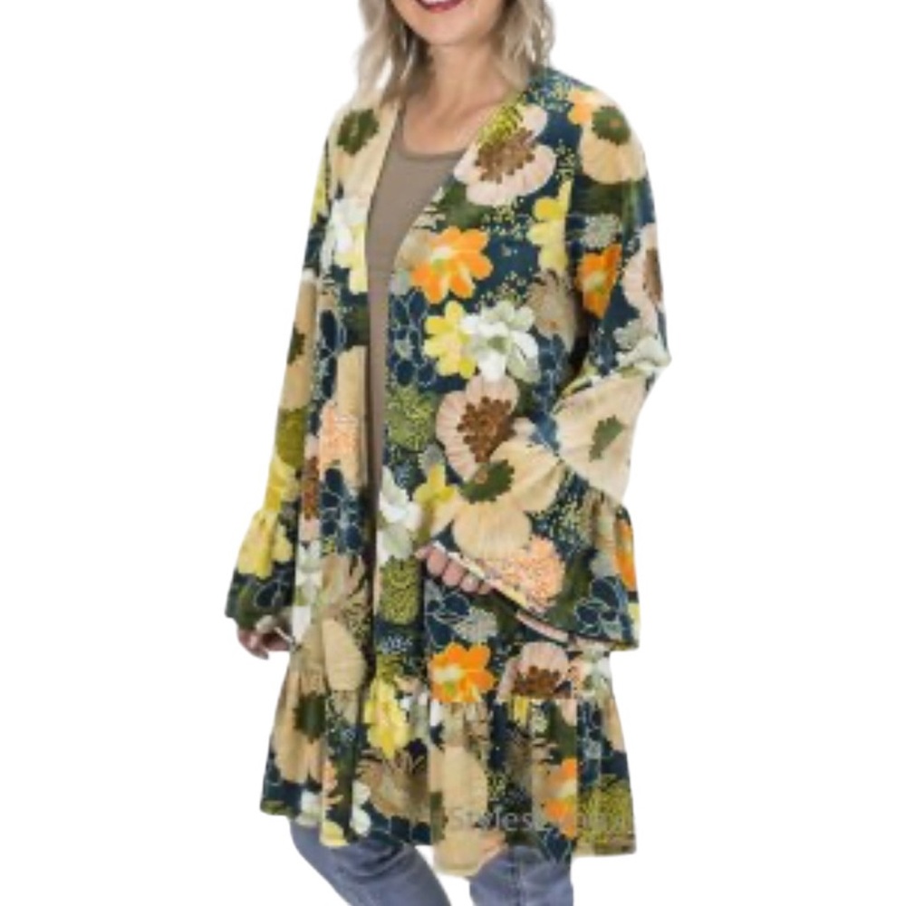 EASEL Floral Retro Colors Velvet Oversized Open Kimono M